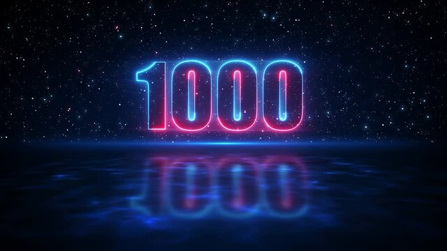 Futuristic Motion Red And Blue Number 1000 Display Neon Sign On Dark Blue Starry Sky Of The Space And Light Reflection On Water Surface Seamless Loop