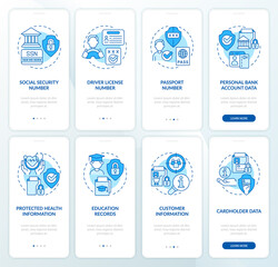 Sensitive information blue onboarding mobile app screen set. Security walkthrough 4 steps graphic instructions pages with linear concepts. UI, UX, GUI template. Myriad Pro-Bold, Regular fonts used