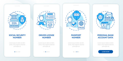 Highly sensitive data blue onboarding mobile app screen. Privacy walkthrough 4 steps graphic instructions pages with linear concepts. UI, UX, GUI template. Myriad Pro-Bold, Regular fonts used - obrazy, fototapety, plakaty