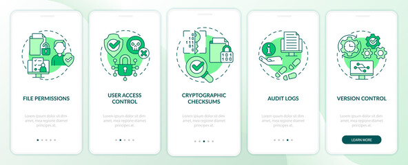 Integrity green onboarding mobile app screen. Personal data walkthrough 5 steps graphic instructions pages with linear concepts. UI, UX, GUI template. Myriad Pro-Bold, Regular fonts used