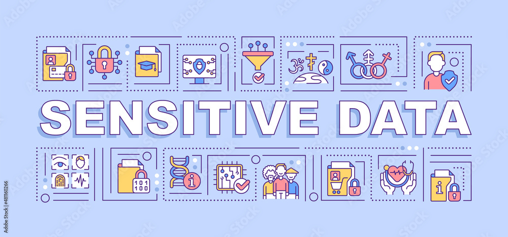Poster sensitive data word concepts purple banner. information privacy. infographics with linear icons on b