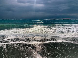 Dark sky sea horizon, natural seascape background, vivid colors