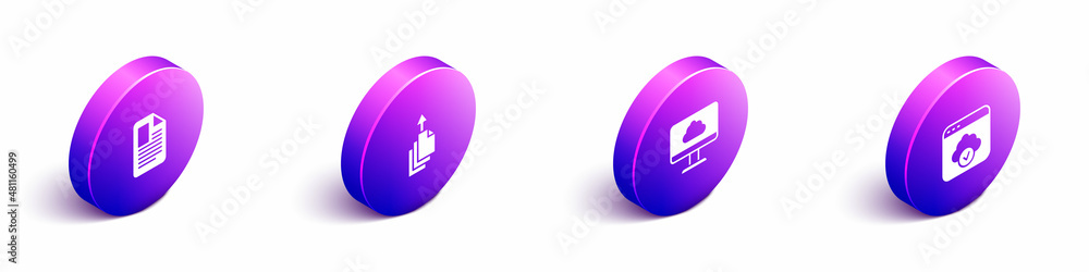 Poster set isometric file document, data export, cloud technology data transfer and icon. vector