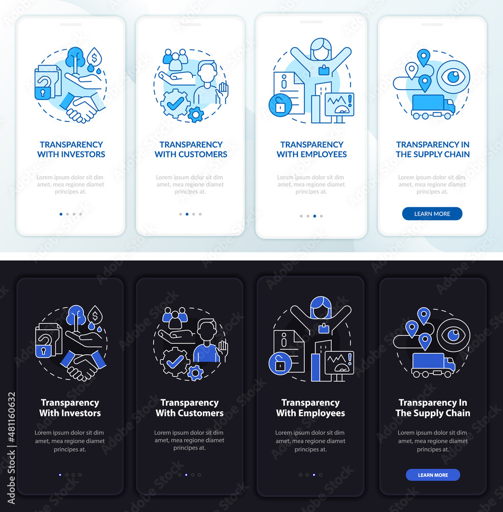 Poster transparency types night and day mode onboarding mobile app screen. walkthrough 4 steps graphic inst