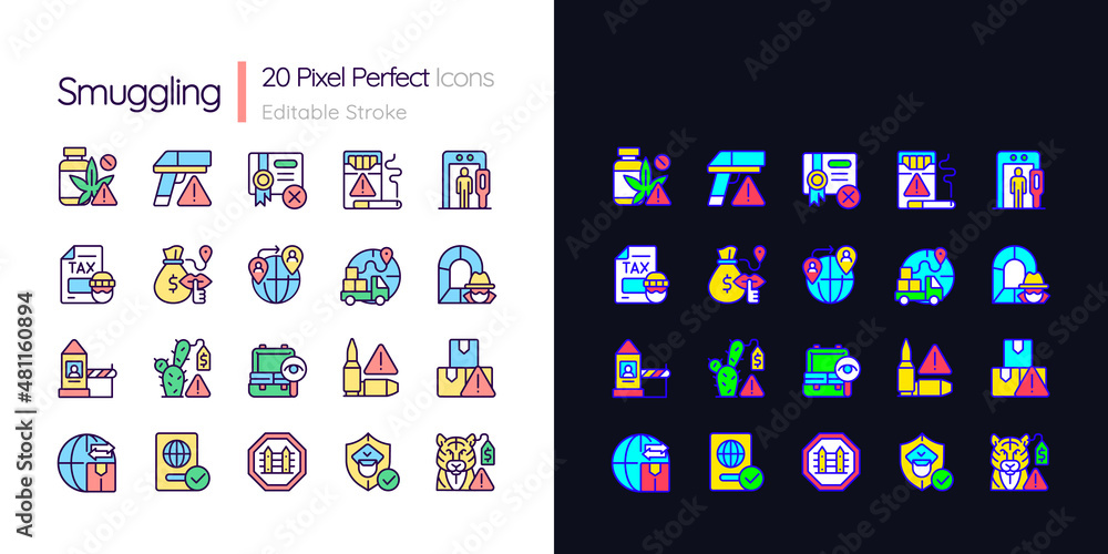 Poster smuggling light and dark theme rgb color icons set. illegal import and export. simple filled line dr