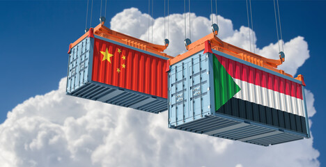 Freight containers with China and Sudan national flags. 3D Rendering 