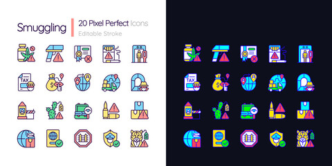 Smuggling light and dark theme RGB color icons set. Illegal import and export. Simple filled line drawings pack on white and black space. Editable stroke. Pixel perfect. Quicksand-Light font used