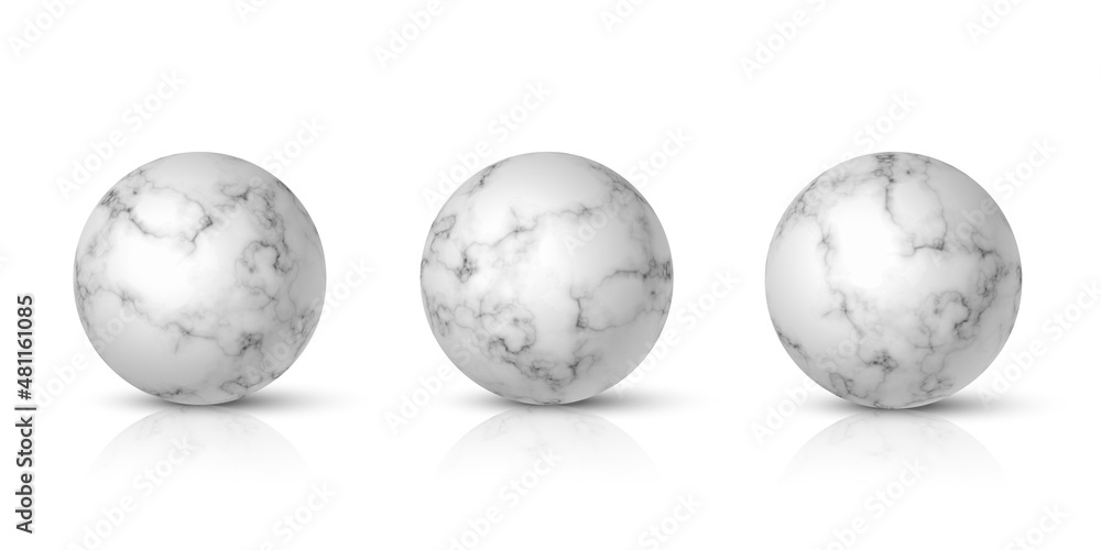 Poster collection of white marble balls. 3d realistic spheres in stone pattern with lines and shades vector