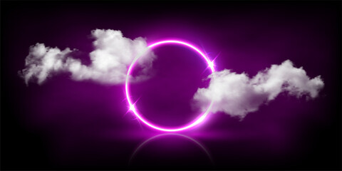 Neon light pink circle frame glowing among soft clouds in dark sky abstract night background