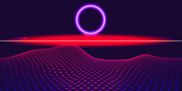 Modern retro futuristic background . Synthwave poster .Vector design composition with various geometric shapes . Abstract contemporary art . Digital cyber landscape . New modernism 