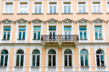 Obraz premium Renovated facade of an old apartment building, view in Old Town Sofia, Bulgaria.
