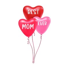 Vector illustration of flying red pink heart balloons with quote Best Mom Ever isolated on white background. Clipart for birthday, Mothers day, Valentines day, greeting card, print on t shirt.