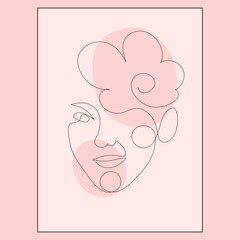 Portrait of a woman, romantic line portrait in profile, hand drawn girl with flowers in her hair, line art. Stock illustration, outline drawing framed. Vector graphics