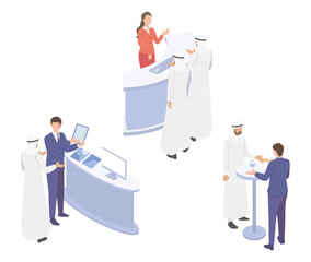 中東系のビジネスマンのアイソメイラストのセット