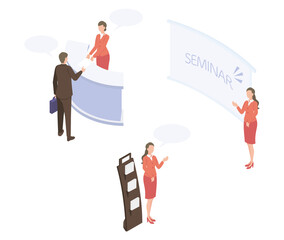 ビジネスシーンで活躍する女性のアイソメイラストセット