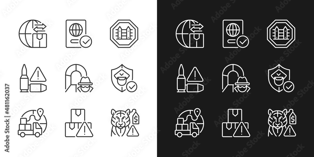 Poster international trading linear icons set for dark and light mode. customs officer. smuggling tunnel. c