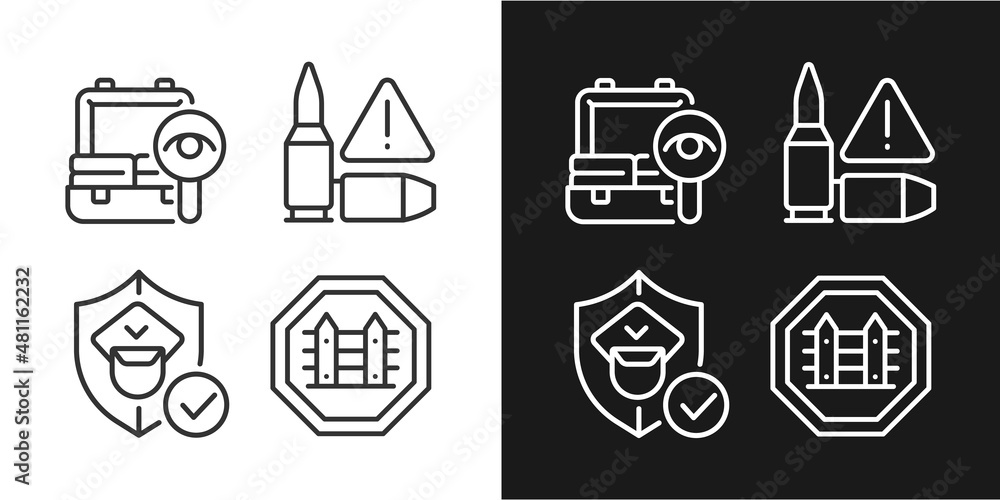 Poster checkpoint examination linear icons set for dark and light mode. border security. country fences. cu
