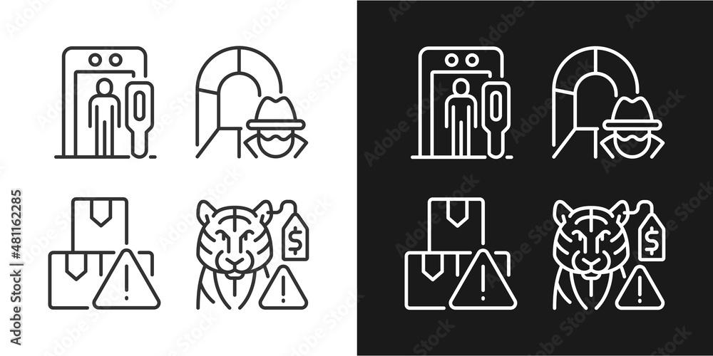 Poster smugglers activities prevention linear icons set for dark and light mode. smuggling tunnel. customiz