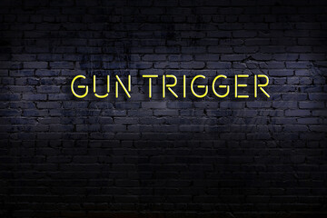 Neon sign. Word gun trigger against brick wall. Night view