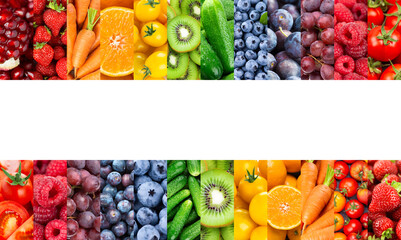 Collage of fruits, vegetables and berries. Fresh food. Healthy food
