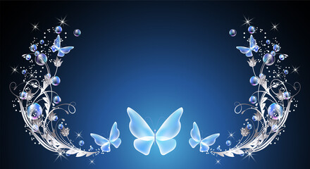 Fairytale background with magical blue butterflies and bubbles, flowers ornate and stars. Fantasy sparkle frame consists of transparent iridescent balls, floral ornament and copy space.