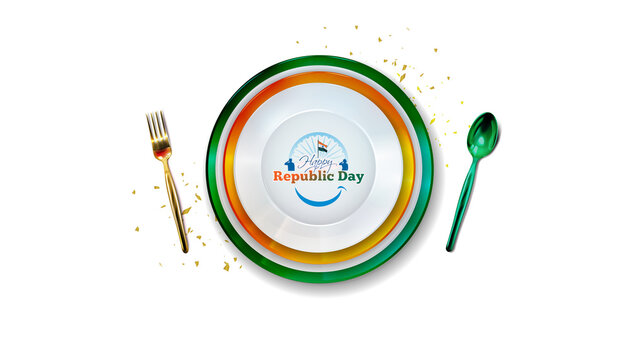 26 January Republic day of India creative bacground with food plate and tricolor flag