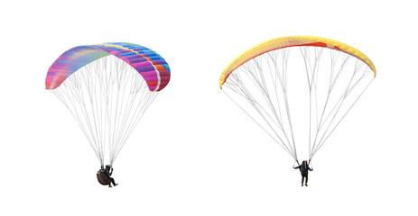 collection Bright colorful parachute on white background, isolated. Concept of extreme sport, taking adventure/ challenge.