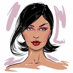 Hand-drawn fashion illustration of woman's face. Beauty art of girl with pink makeup. Fashion sketch of a young woman portrait with black hair and red lipstick. Fashion beauty illustration vector