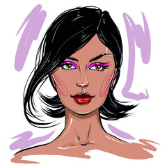 Hand-drawn fashion illustration of woman's face. Beauty art of girl with pink makeup. Fashion sketch of a young woman portrait with black hair and red lipstick. Fashion beauty illustration vector