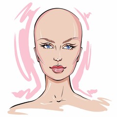 Hand-drawn fashion illustration of woman's face. Beauty art of girl with natural makeup with long eyelashes. Woman without hair illustration. Natural beauty makeup illustration. Modern portrait of you