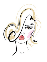 Hand-drawn fashion illustration of woman's abstract face on white background. Beauty art girl with makeup line art. Fashion drawing sketch poster. Beautiful woman face with long eyelashes and big lips