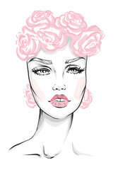 Hand-drawn fashion illustration of woman's face with roses on her head. Beauty art of girl with natural makeup. Fashion sketch of an elegant portrait. in black-white lines. Vector art portrait flowers