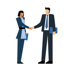 Business greeting partners, business lady greets a businessman with a handshake, business meeting, negotiations company employees. Isolated on a white background. Vector illustration