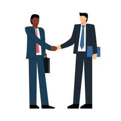 Business greeting partners, two businessmen greeting each other with a handshake, business meeting, company employee negotiations. Isolated on white background. Vector illustration