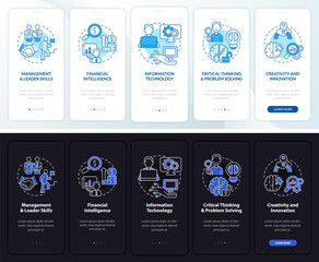 Skills for management night, day mode onboarding mobile app screen. Walkthrough 5 steps graphic instructions pages with linear concepts. UI, UX, GUI template. Myriad Pro-Bold, Regular fonts used