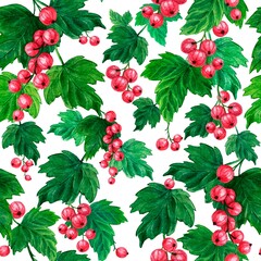 Seamless pattern with bright red currant berries and green leaves. Painted by hand in watercolor. 