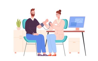 Doctor measuring blood pressure. Measure arterial hypertension in hospital, heart treatment, medical nurse or physician examining risk health patient, splendid vector illustration