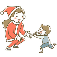サンタに扮したお母さんに駆け寄る男の子
