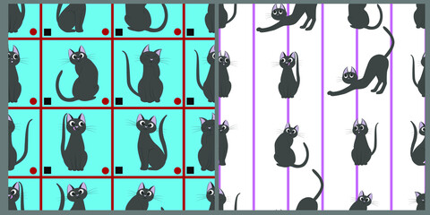 Set of vector seamless patterns. Gray cartoon cats on a background of horizontal and vertical stripes on an isolated background. 