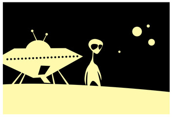 Alien. Stranger. Odd newcomer near his flying saucer. UFO. Alien ship landed in the field. Vector image for prints, poster and illustrations. © Alex