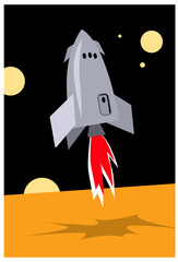 Vertical landing. Rocket carefully lands on the surface of Mars. Vector image for prints, poster and illustrations.