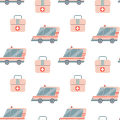 Seamless pattern with ambulance car and medical suitcase.