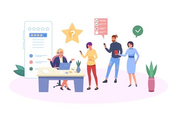 Customer queue at support manager. Clients complaint on call, questions ask for consulting specialist, online review, vector illustration - obrazy, fototapety, plakaty
