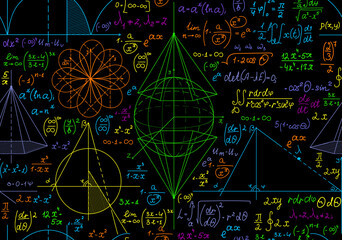 Math scientific vector seamless pattern with multicolored geometry figures, calculations and formulas	
