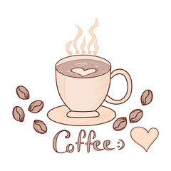 Coffee cup with coffee beans and the text 