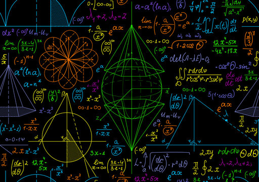 Math scientific vector seamless pattern with multicolored geometry figures, calculations and formulas	
