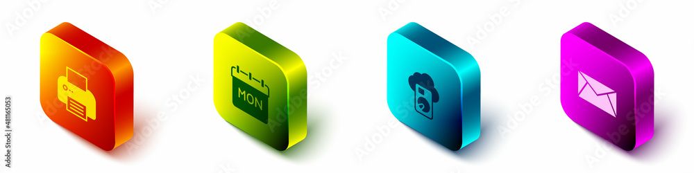 Poster set isometric printer, calendar, cloud database and mail and e-mail icon. vector