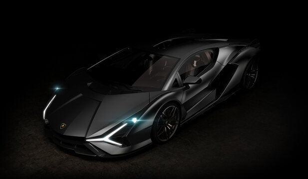 Almaty, Kazakhstan - Jan 10.2022: Lamborghini Sian FKP 63 sports car on dark background, 3d render