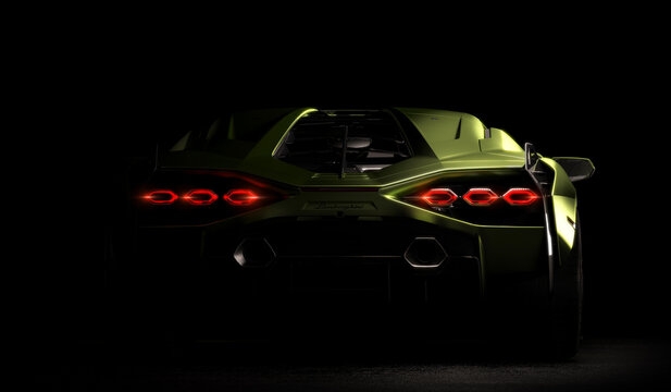 Almaty, Kazakhstan - Jan 10.2022: Lamborghini Sian FKP 63 sports car on dark background, 3d render