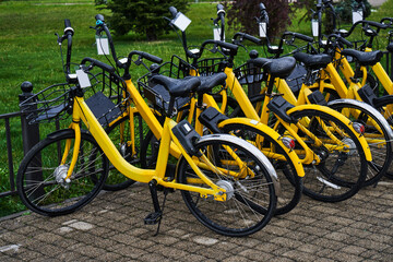 Fototapeta na wymiar Rent yellow bikes parking
